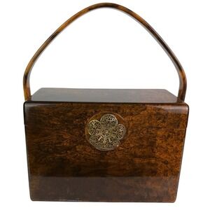 Wilardy Wood Grained Lucite Purse Handbag Vtg‎ Authentic Handle Flower Clasp 50s